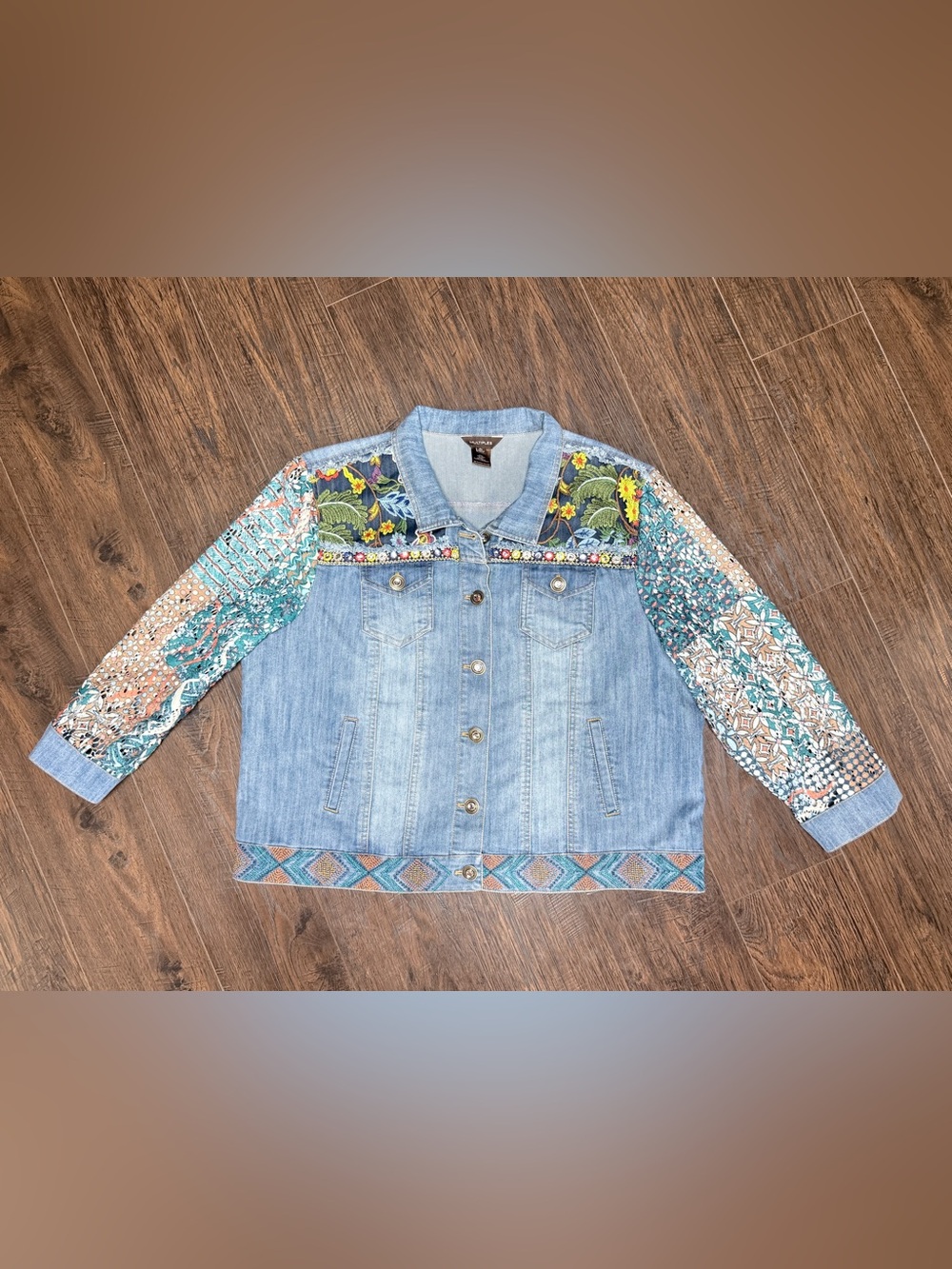 MULTIPLES DENIM JEAN LACKET SHEER LONG SLEEVES EMBROIDERED FLORAL DETAILS
